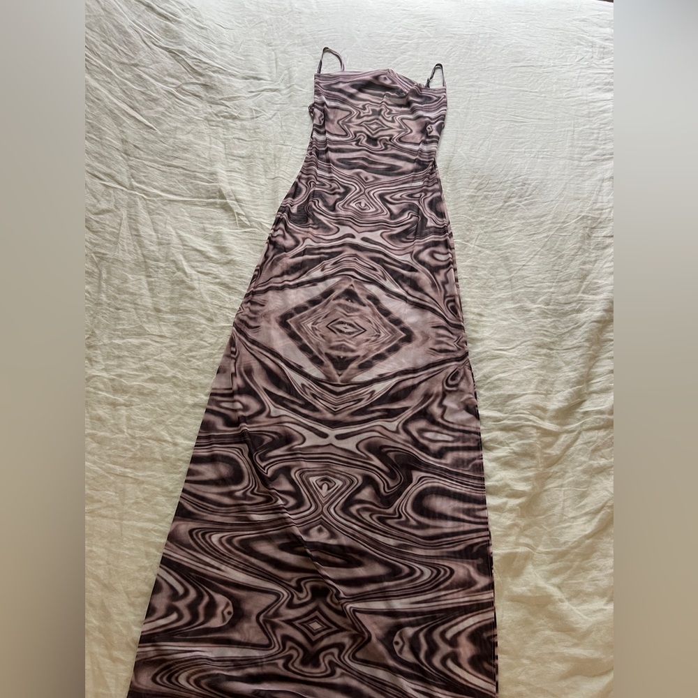 Brown Patterned Mesh Maxi Dress